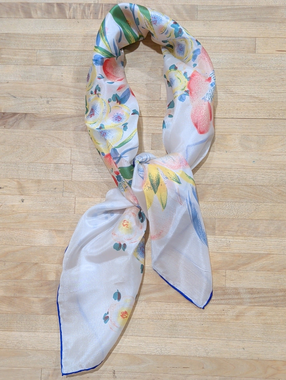 100% Silk Square Scarf With Red, Yellow, Blue And Green Florals
